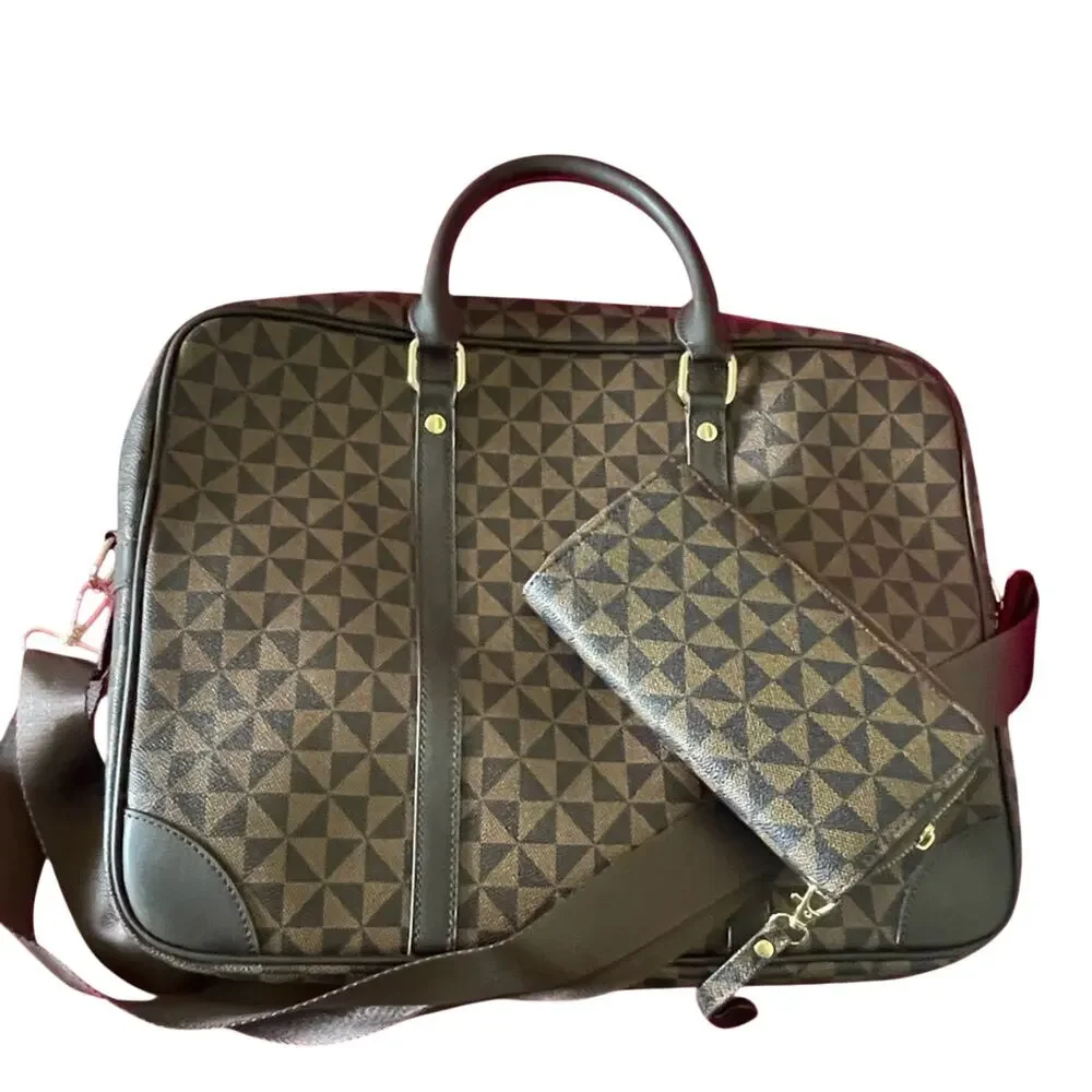 Brown Geometric Print Laptop Bag Briefcase Travel Work Bag Designer Inspired